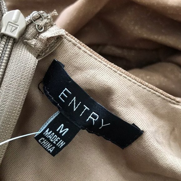 Entry Beige Nude Bodycon Long Sleeve Dress with Gold Shimmer - Picture 5 of 12